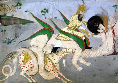 Jezdecký válečník útočící na draka, ilustrace z knihy o indických mysticích (inkoust na papíře připevněný na kartičce) od School Indian