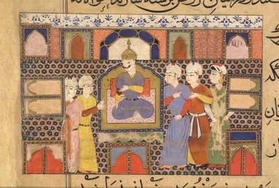 Ghiyath al-Din dosazený na trůn s průvodci, z The Ni