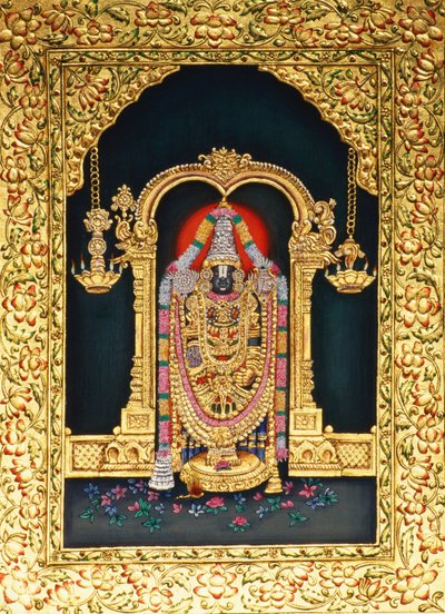 Bůh Tirupati Baladži v miniatuře na papíře se zlatou ražbou od School Indian