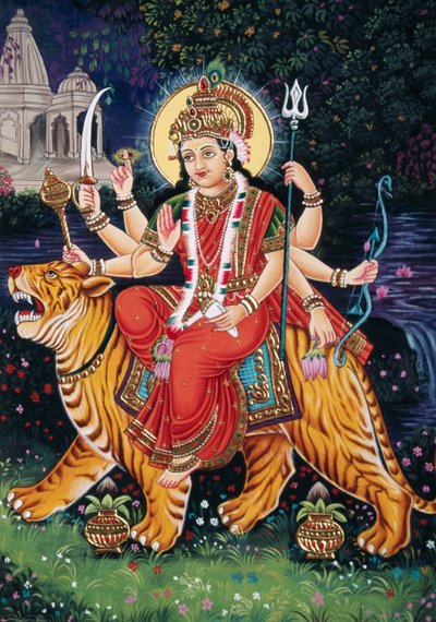 Miniaturní malba bohyně Durgy na papíře s výšivkou od School Indian