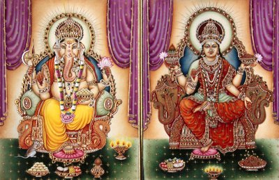 Lord Ganesh Ganpati bohyně a Lakshmi miniatura malba na slonovině od School Indian