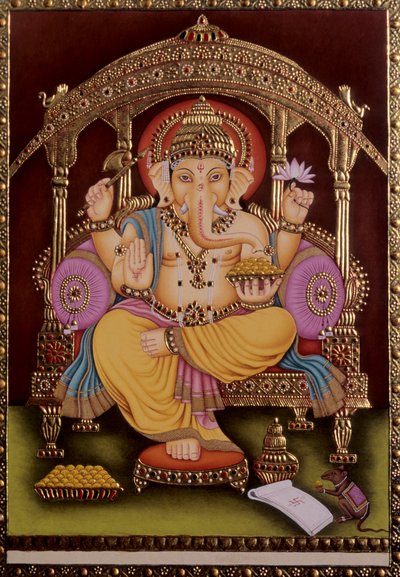 Pán Ganesh Ganpati miniatura malba na papíře se zlatým reliéfem od School Indian
