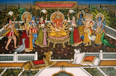 Pán Ganéš Ganpati s Brahmou, Višnuem, Šivou, Durgou, miniaturní malba na papíře od School Indian