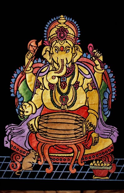 Pán Ganéša Ganpati hraje hudební nástroj Výšivka práce od School Indian