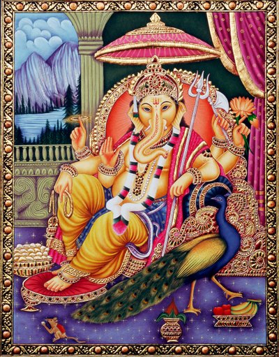 Pán Ganéša Ganpati v miniaturní malbě na papíře od School Indian