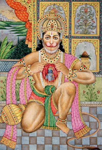 Miniaturní malba Lorda Hanumana na papíře od School Indian