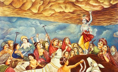 Pán Krišna zvedající horu miniaturní malba od School Indian