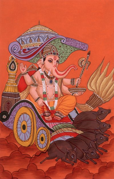 Miniaturní malba Bůh Ganesh Ganpati s hlavou slona, Indie od School Indian