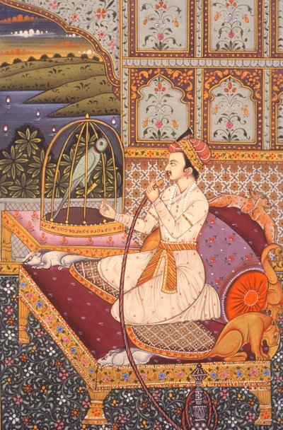 Miniaturní malba mughalského prince užívajícího si vodní dýmku, Indie od School Indian