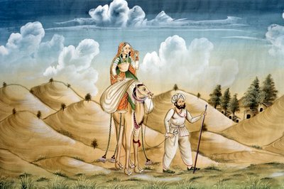 Miniaturní malba na hedvábí, Osamělí cestovatelé, Rádžasthán od School Indian