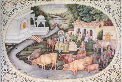 Miniatura dojičky Krišny sedící na poli s dobytkem (akvarel na slonovině) od School Indian