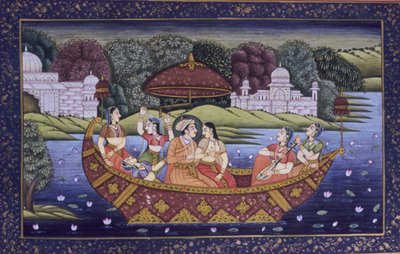 Mughalská miniatura malba na papíře, král milostné scény a užívání si hudby ve člunu od School Indian