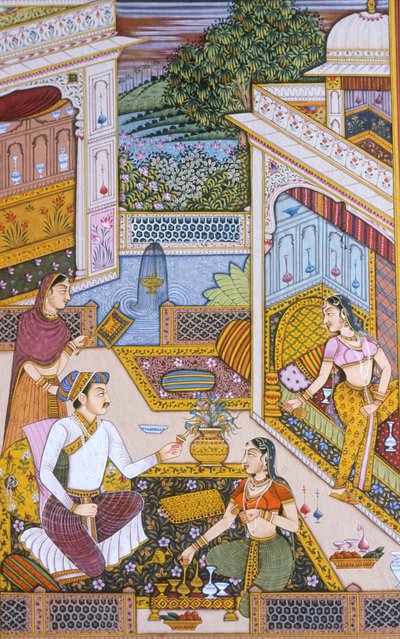 Mughalská miniatura na papíře Královský král si vychutnává nápoj od School Indian