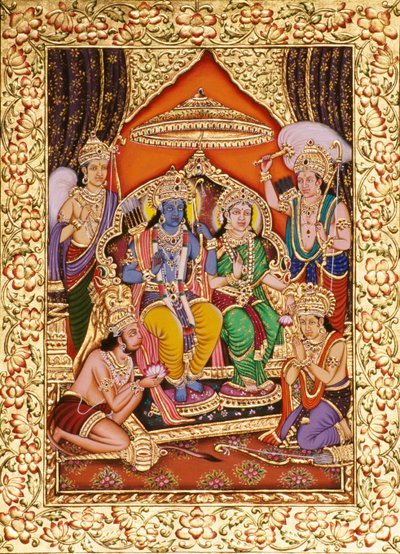 Ram Darbar v miniaturní malbě na papíře se zlatým reliéfem od School Indian