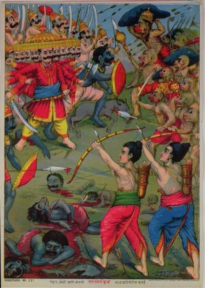 Ráma a Lakšmana v boji s Rávanou, epos Rámájana, cca 1914 (chromolit) od School Indian