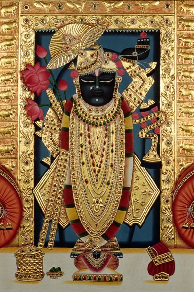 Shri Lord Shree Nathji nebo Shreenathji v Nathdwaře Miniaturní malba na papíře se zlatou ražbou od School Indian