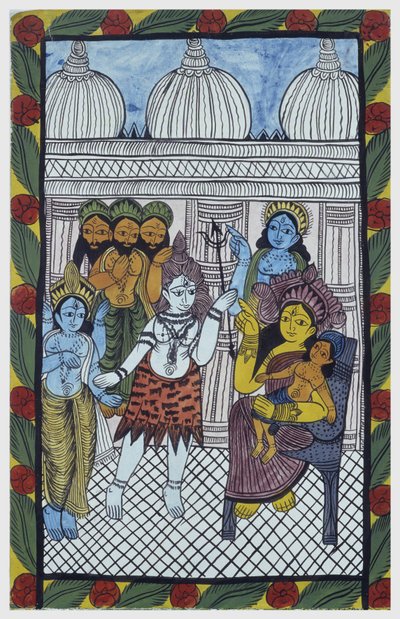 Bohové přicházejí obdivovat Krišnu, ztělesněného v těle krásného dítěte, Ganéši (Ganesh nebo Ganapati) sedícího na kolenou své matky Parvati. Pat: malovaná rulička oblasti Bengálska, sloužící jako narativní médium pro zpěváky Baoul (Baul). Leonard de od School Indian