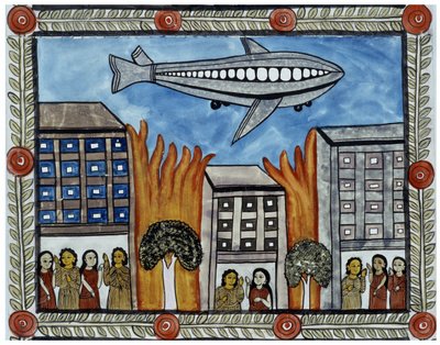 Příběh o útocích z 11. září 2001 vyprávěný obchodníky Baul z Bengálska. Obraz, série, číslo 6/9, Bengálsko. od School Indian