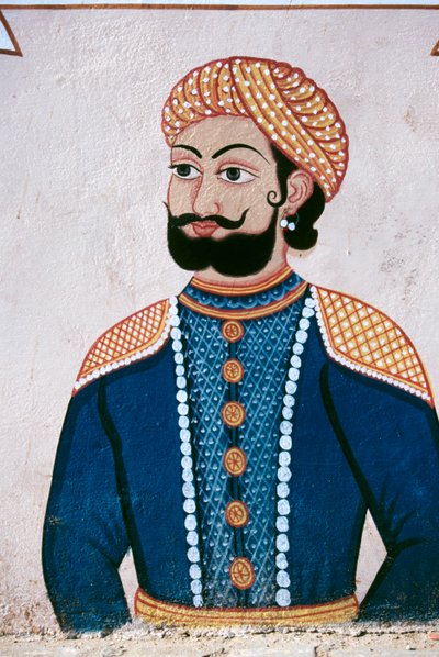 Nástěnná malba rádžputského šlechtice, Džajpur, Rádžasthán, Indie od School Indian