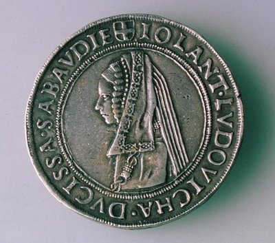 4-testonová mince (revers) Philiberta II. Savojského (1497-1504) zobrazující jeho manželku Iolantu Ludovicu od School Italian