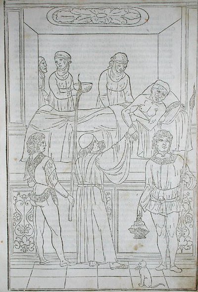Lékař na návštěvě u pacienta, z „Fascilulus Medicinae“ od Johannese de Ketham (d.c.1490) 15.–16. století (dřevořez) od School Italian
