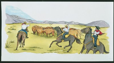 Argentina - Gauchos shromažďující dobytek v Pampách (barva litho) od School Italian