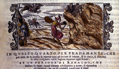 Bradamante roztrhne Brunelovi její okouzlující prsten, díky kterému zradí moc Atlanty a vydá Rogera (Ruggero, Ruggiero), scéna rytířské básně „Orlando Furioso“ (Zuřivý Roland) od Ludovica Ariosta (1474 - 1533) dit L „Ariote, zpěv I od School Italian