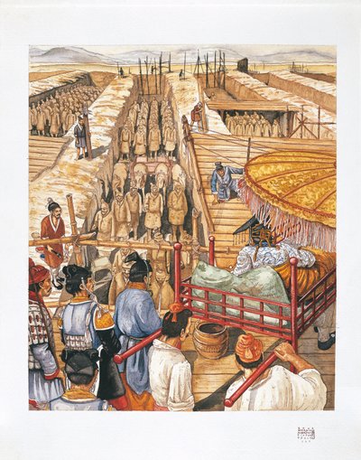 Budova mauzolea císaře Qin Shi Huang-Ti, 3. století před naším letopočtem (barevné litho) od School Italian