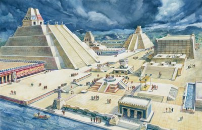 Mraky nad pyramidami, Templo Mayor, Tenochtitlan, Mexico City, Mexiko (barva litho) od School Italian