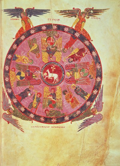 Ms. M. 644 f.87 Zjevení 4,4 Klanění Beránka čtyřiadvaceti staršími, opis z "Komentáře k Apokalypse" od Beata z Liebany a Valcavada, 776 (pergamen). od School Italian