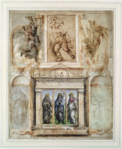 Stránka z „Libro dei Disegni“ od Giorgia Vasariho (1511-74) namontovaná a zarámovaná po roce 1524 (kovová jehla na papíře) od School Italian
