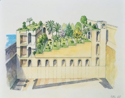 Palác Nabuchodonozor, Babylon, s visutými zahradami (barva litho) od School Italian