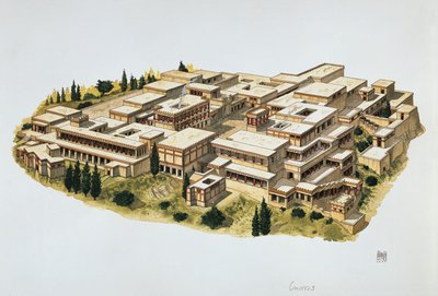 Rekonstrukce paláce Knossos, Kréta, 20. století před naším letopočtem (barevné lito) od School Italian