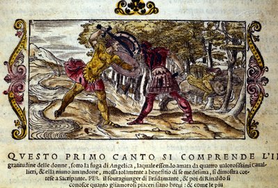 Znázornění boje mezi Ferragusem, pohankou a Renaudem (Rinaldo), oba zamilovaní do krásné Angeliky (Angelica), scéna převzatá z rytířské básně „Orlando Furioso“ (Zuřivý Roland) od Ludovica Ariosta (1474-1533) s názvem L