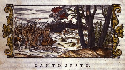 Ruggiero je odnesen hipogryfem na ostrov Alcina, kde je napaden armádou monster, scéna z "Orlando Furioso" od Ludovica Ariosta (1474-1533) od School Italian
