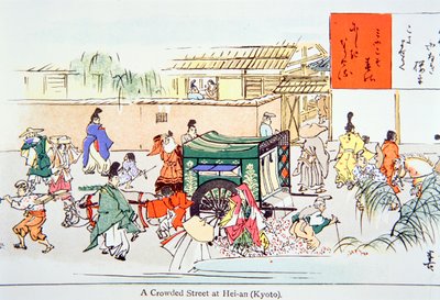 Přeplněná ulice v Hei-an (Kjóto) (barevné lito) od School Japanese