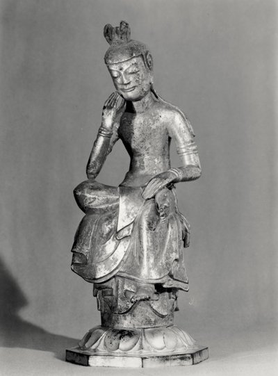 Bódhisattva sedící v meditativní póze, c.645-794 (zlacený bronz) (černobílá fotografie) od Japanese School