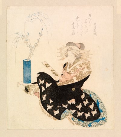 Kurtizána čte tanzaku (barevný dřevoryt) od School Japanese