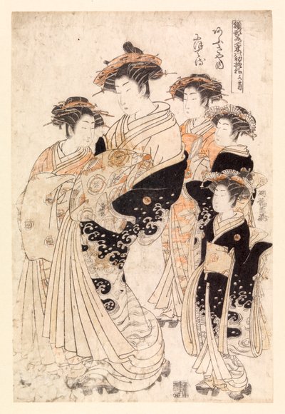 Pět japonských žen (barevný dřevoryt) od School Japanese