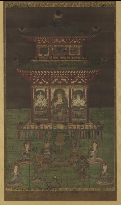 Horokaku Mandara: Buddha a doprovodná božstva, období Heian (barva a zlato na hedvábném panelu) od Japanese School