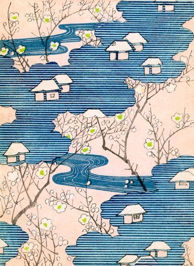 Kimonomalli: Mökkejä, joissa on jokia ja kirsikankukkia, n. 1900 (värillinen puupainatus) od School Japanese