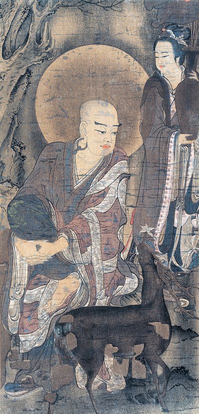 Náboženský obraz zobrazující mladého mnicha s laní, malba na hedvábí, japonská civilizace, období Heian, 794-1185 od School Japanese