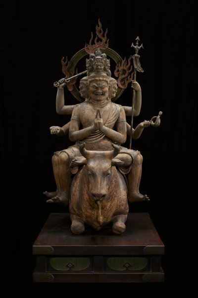 Moudrý král úcty inspirující síly (Daiitoku Myōō) (polychromované dřevo s křišťálem, zlatým listem a kovem) od Japanese School