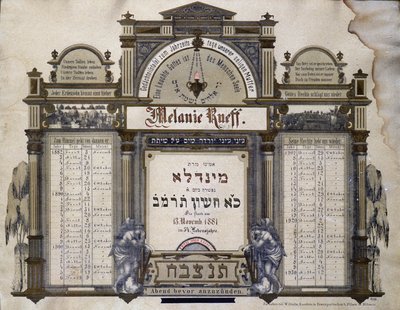 Pamětní kalendář pro budoucí zádušní služby zesnulého blízkého příbuzného. Jahrzeit malba. Židovské muzeum v Basileji, Švýcarsko. od School Jewish