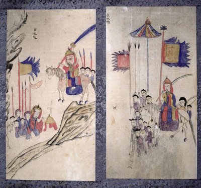 Deska z osmistěnného plátna zobrazující příběh tří království (přírodní pigmenty na papíře) od School Korean