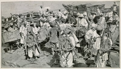Korejští nosiči v přístavu Chemulpo (Jižní Korea), vykládající harampádí - Ilustrace po fotografii z 19. století od J. de Pange, Z cestování po Koreji od doktora Hagena od School Korean