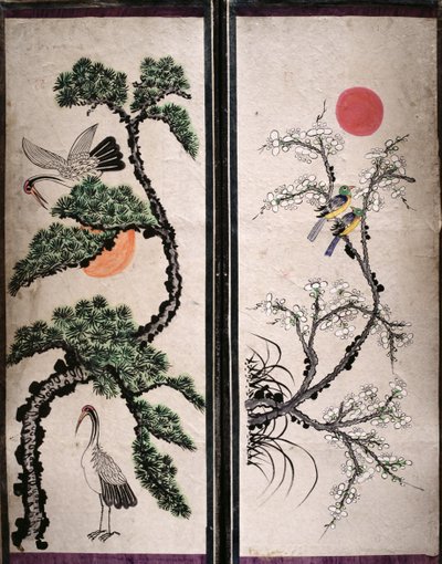 Dva panely osmilamelového plátna s motivy ptáků a květin (přírodní pigmenty na papíře) od School Korean