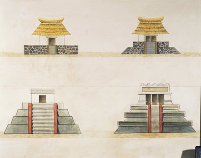 Historická rekonstrukce budov v Tenochtitlánu (barevná litografie) od School Mexican