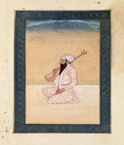 Vousatý hráč na tamburu z Velkého alba Clivea od School Mughal