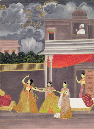 Dáma přivezená z noční bouře: ilustrace z hudebního režimu Madhu Madhavi, cca 1760 (kvaš na papíře) od School Mughal